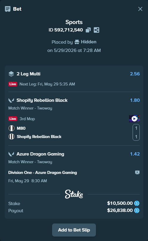 Bet slip: Division One - Azure Dragon Gaming, $10,500.00 stake at 1.42 odds, placed by Hidden