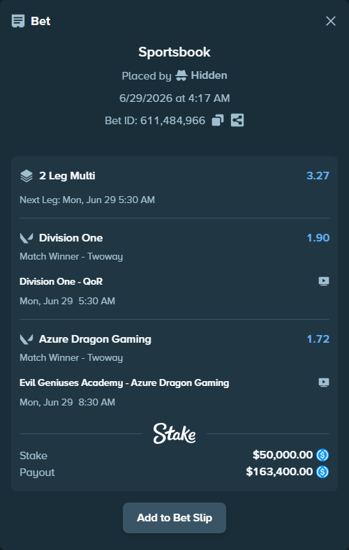 Bet slip: Division One - QoR, $50,000.00 stake at 1.90 odds, placed by Hidden