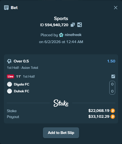 Bet slip: Diyala FC - Duhok FC, $19,903.45 stake at 1.50 odds, placed by ninafreak