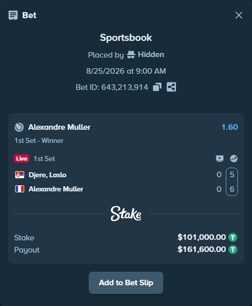 Bet slip: Djere, Laslo - Alexandre Muller, $101,000.00 stake at 1.60 odds, placed by Hidden
