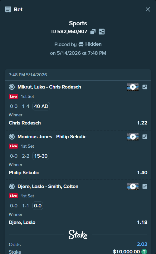 Bet slip: Djere, Laslo - Colton Smith, $10,000.00 stake at 1.18 odds, placed by Hidden