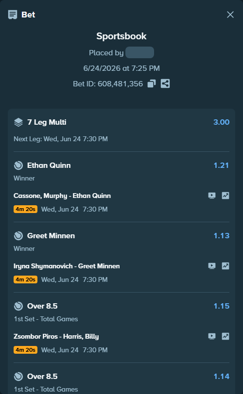 Bet slip: Djere, Laslo - Michael Zheng, $75,075.00 stake at 1.14 odds, placed by EaurigaT