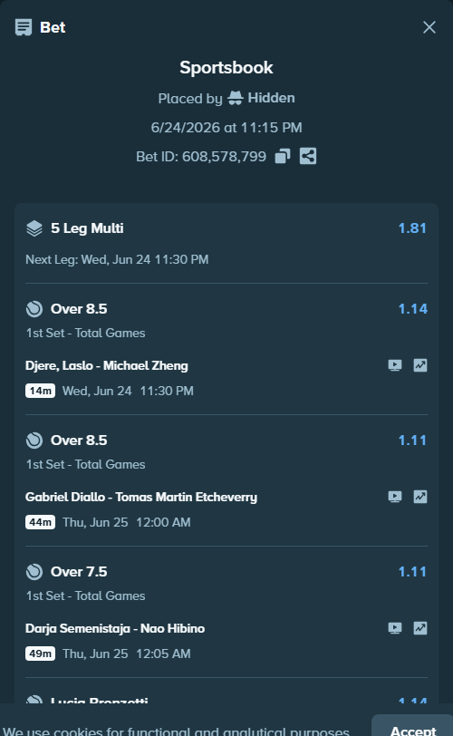 Bet slip: Djere, Laslo - Michael Zheng, $93,777.50 stake at 1.14 odds, placed by Hidden
