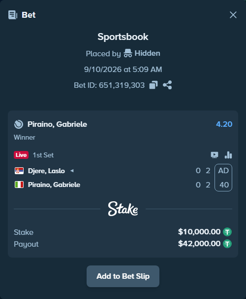 Bet slip: Djere, Laslo - Piraino, Gabriele, $10,000.00 stake at 4.20 odds, placed by Hidden