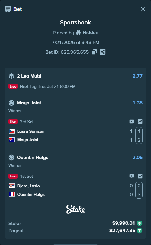 Bet slip: Djere, Laslo - Quentin Halys, $10,000.00 stake at 2.05 odds, placed by Hidden