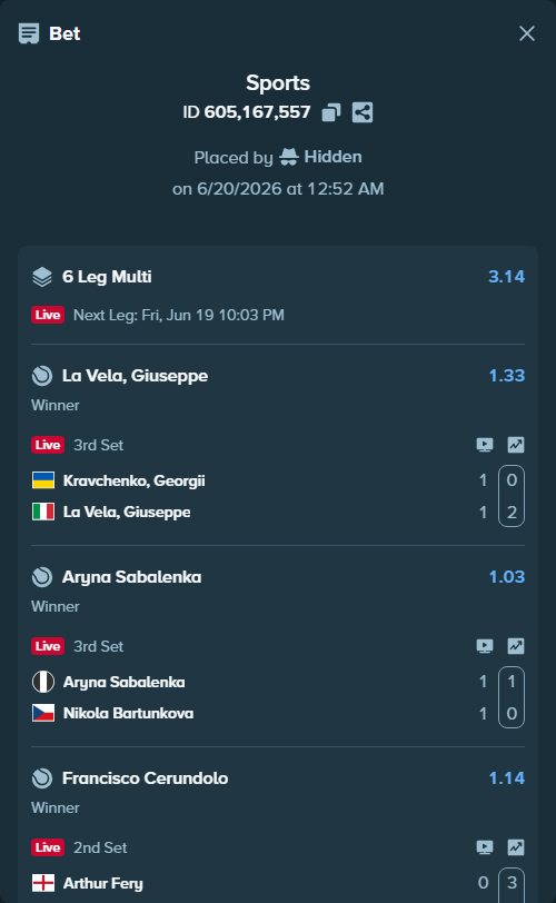 Bet slip: Djere, Laslo - Sebastian Ofner, $10,000.00 stake at 1.45 odds, placed by Hidden