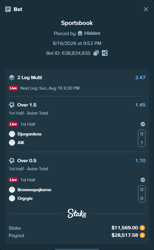 Bet slip: Djurgardens - AIK, $11,576.29 stake at 1.45 odds, placed by Hidden