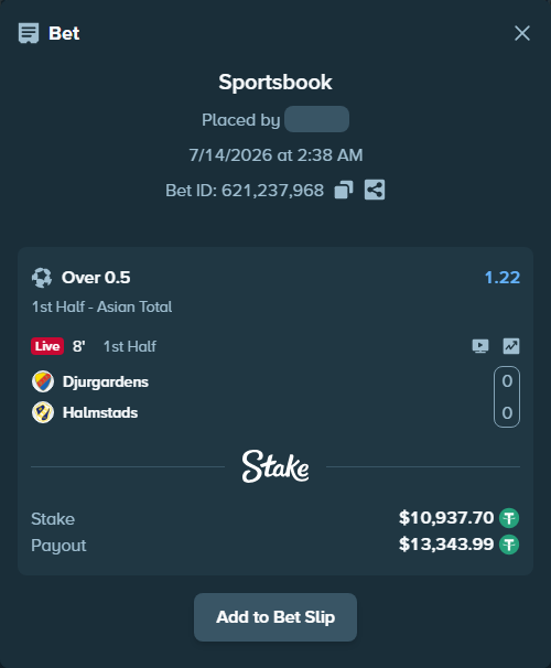 Bet slip: Djurgardens - Halmstads, $10,948.64 stake at 1.22 odds, placed by Forbes17