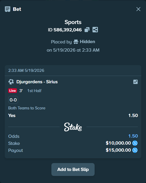 Bet slip: Djurgardens - Sirius, $10,000.00 stake at 1.50 odds, placed by Hidden