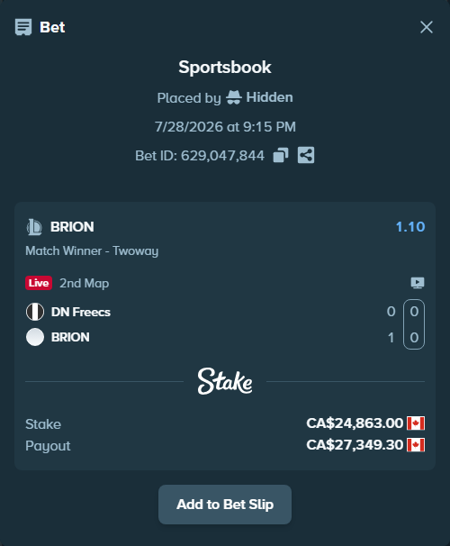 Bet slip: DN SOOPers - BRION, $18,398.62 stake at 1.10 odds, placed by Hidden