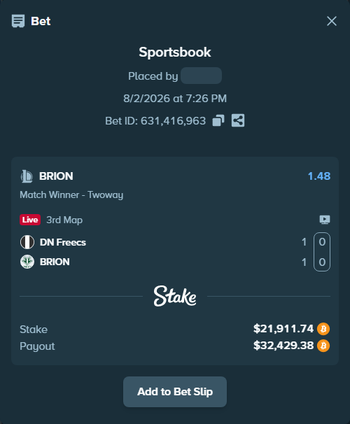 Bet slip: DN SOOPers - BRION, $22,297.51 stake at 1.48 odds, placed by Mashko21
