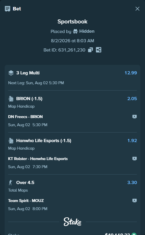Bet slip: DN SOOPers - BRION, $40,159.35 stake at 2.05 odds, placed by Hidden