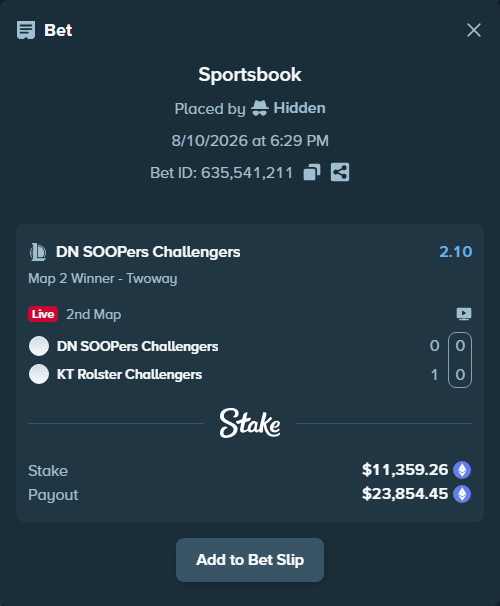 Bet slip: DN SOOPers Challengers - KT Rolster Challengers, $11,313.78 stake at 2.10 odds, placed by Hidden