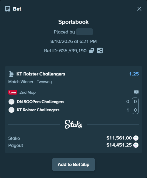 Bet slip: DN SOOPers Challengers - KT Rolster Challengers, $11,446.59 stake at 1.25 odds, placed by Mashko21
