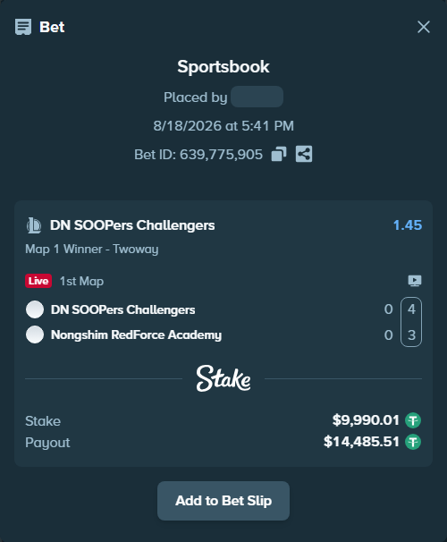 Bet slip: DN SOOPers Challengers - Nongshim Esports Academy, $10,000.00 stake at 1.45 odds, placed by fantasy7788