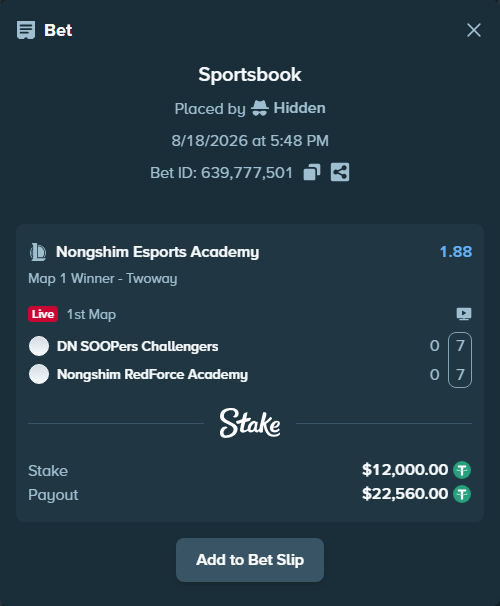 Bet slip: DN SOOPers Challengers - Nongshim Esports Academy, $12,012.00 stake at 1.88 odds, placed by Hidden