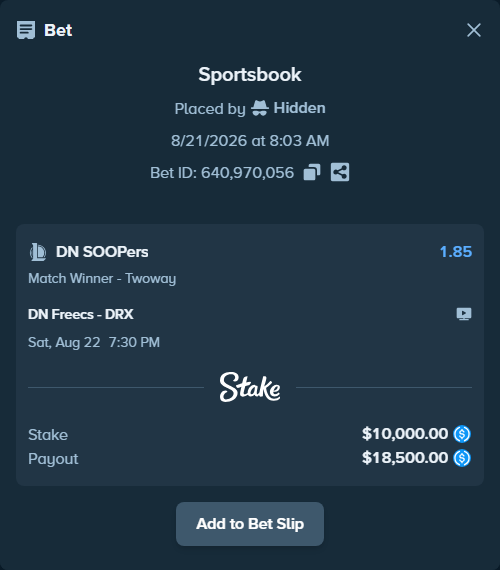 Bet slip: DN SOOPers - Kiwoom DRX, $10,000.00 stake at 1.85 odds, placed by Hidden