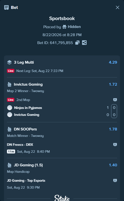 Bet slip: DN SOOPers - Kiwoom DRX, $100,000.00 stake at 1.78 odds, placed by Hidden