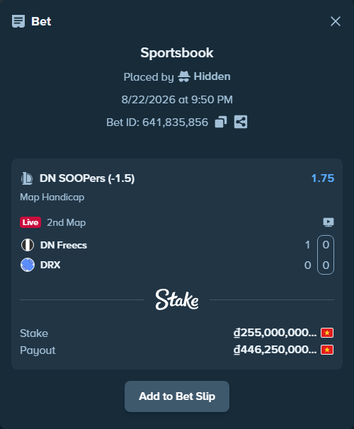 Bet slip: DN SOOPers - Kiwoom DRX, $10,200.00 stake at 1.75 odds, placed by Hidden