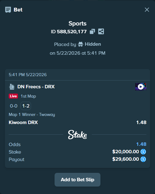 Bet slip: DN SOOPers - Kiwoom DRX, $20,000.00 stake at 1.48 odds, placed by Hidden
