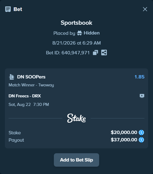 Bet slip: DN SOOPers - Kiwoom DRX, $20,000.00 stake at 1.85 odds, placed by Hidden