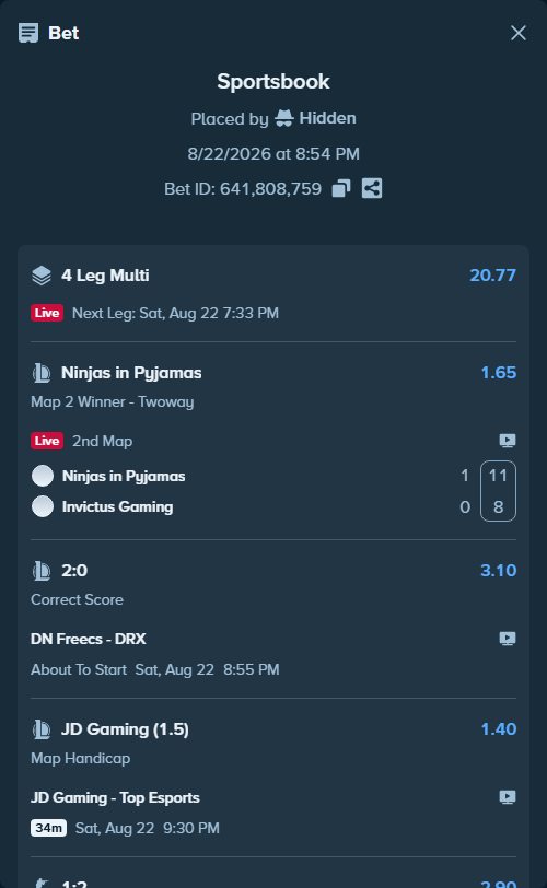 Bet slip: DN SOOPers - Kiwoom DRX, $36,071.07 stake at 3.10 odds, placed by Hidden