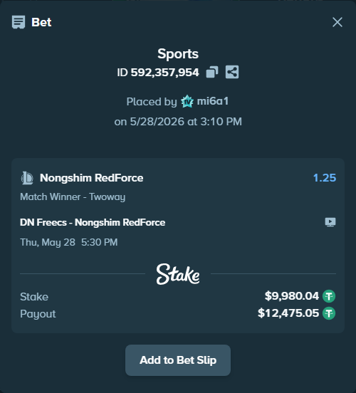 Bet slip: DN SOOPers - Nongshim RedForce, $10,000.00 stake at 1.25 odds, placed by mi6a1
