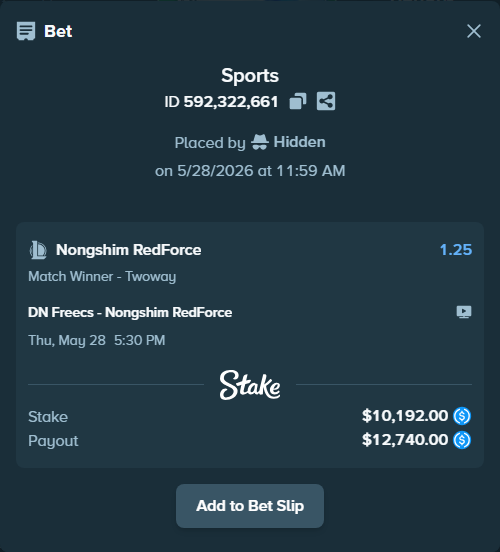 Bet slip: DN SOOPers - Nongshim RedForce, $10,192.00 stake at 1.25 odds, placed by Hidden