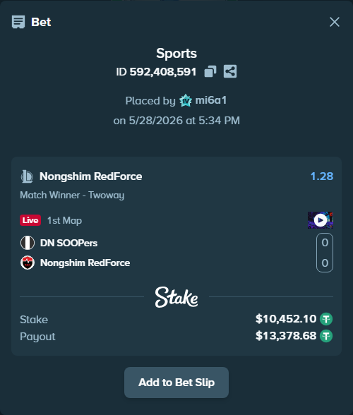 Bet slip: DN SOOPers - Nongshim RedForce, $10,473.00 stake at 1.28 odds, placed by mi6a1