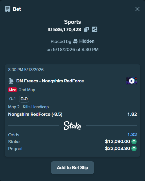Bet slip: DN SOOPers - Nongshim RedForce, $12,090.00 stake at 1.82 odds, placed by Hidden