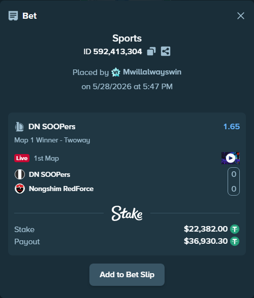 Bet slip: DN SOOPers - Nongshim RedForce, $22,426.76 stake at 1.65 odds, placed by Mwillalwayswin