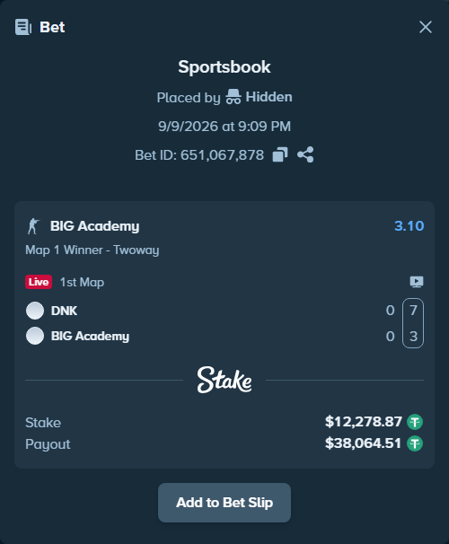 Bet slip: DNK - BIG Academy, $12,278.87 stake at 3.10 odds, placed by Hidden