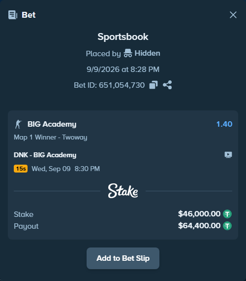 Bet slip: DNK - BIG Academy, $46,000.00 stake at 1.40 odds, placed by Hidden