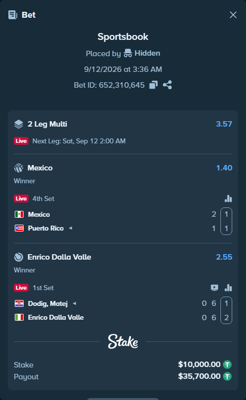 Bet slip: Dodig, Matej - Enrico Dalla Valle, $10,000.00 stake at 2.55 odds, placed by Hidden