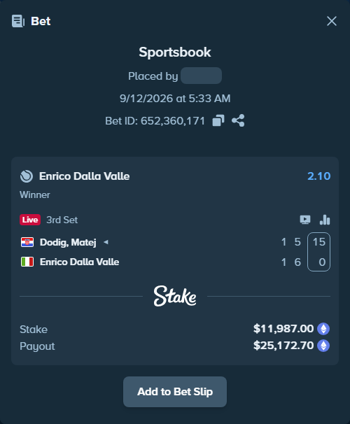 Bet slip: Dodig, Matej - Enrico Dalla Valle, $11,956.64 stake at 2.10 odds, placed by kuwkuw