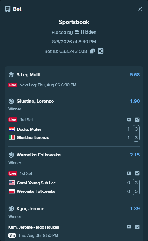 Bet slip: Dodig, Matej - Giustino, Lorenzo, $20,000.00 stake at 1.90 odds, placed by Hidden