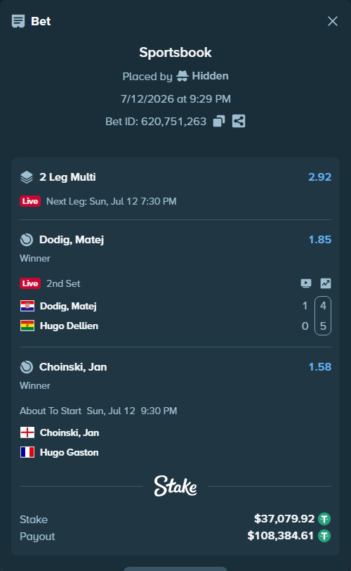 Bet slip: Dodig, Matej - Hugo Dellien, $37,117.00 stake at 1.85 odds, placed by Hidden