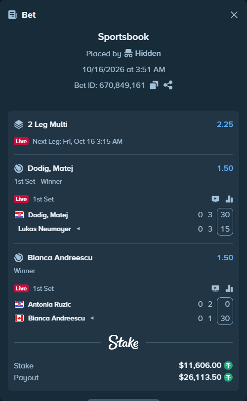 Bet slip: Dodig, Matej - Lukas Neumayer, $11,617.61 stake at 1.50 odds, placed by Hidden