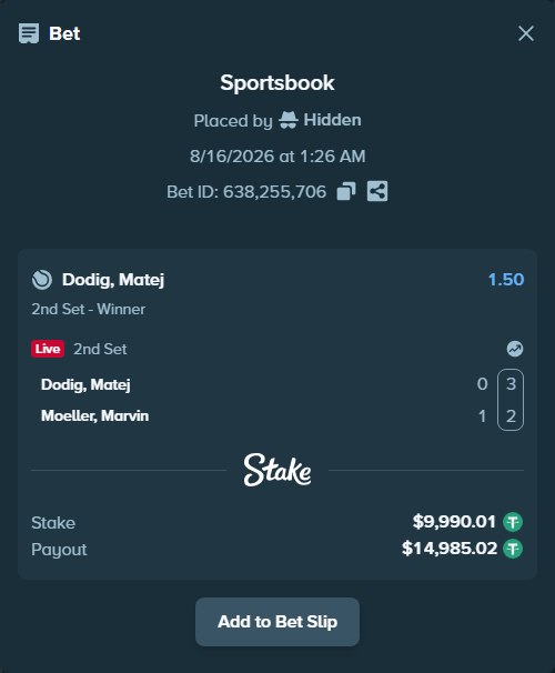 Bet slip: Dodig, Matej - Moeller, Marvin, $10,000.00 stake at 1.50 odds, placed by Hidden