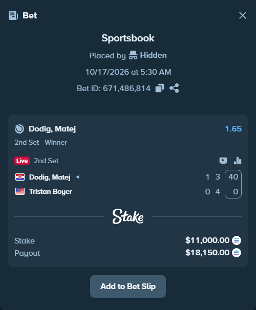 Bet slip: Dodig, Matej - Tristan Boyer, $11,071.50 stake at 1.65 odds, placed by AustinAlgamus