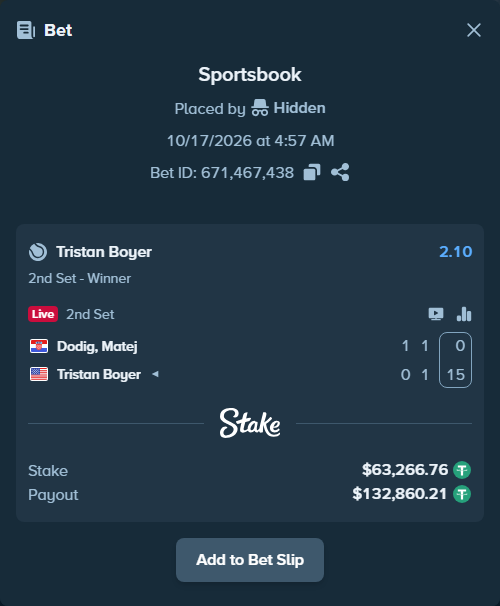 Bet slip: Dodig, Matej - Tristan Boyer, $63,330.03 stake at 2.10 odds, placed by Hidden