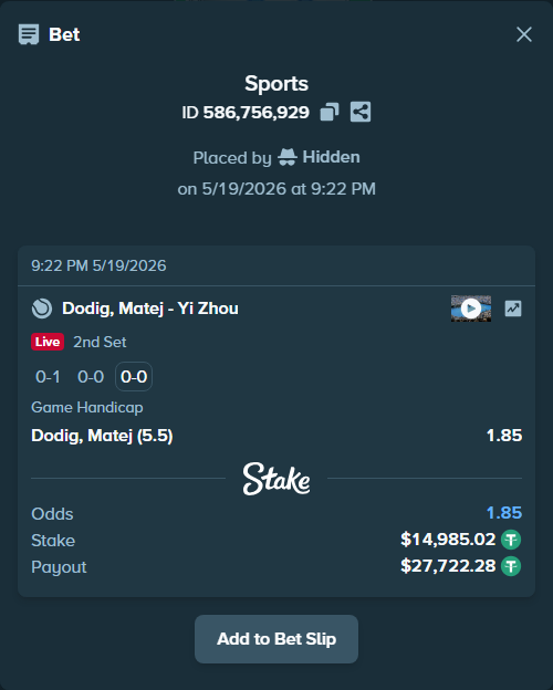 Bet slip: Dodig, Matej - Yi Zhou, $15,000.00 stake at 1.85 odds, placed by Hidden