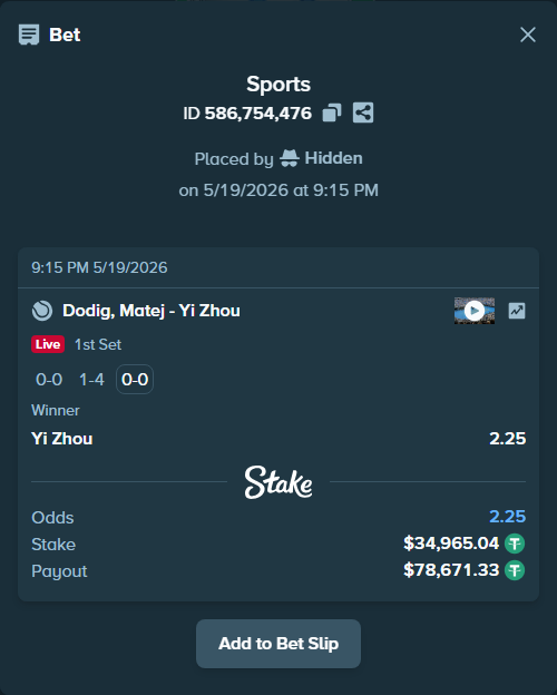 Bet slip: Dodig, Matej - Yi Zhou, $35,000.00 stake at 2.25 odds, placed by Hidden