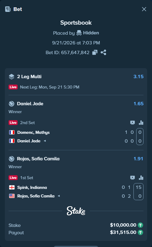 Bet slip: Domenc, Mathys - Daniel Jade, $10,000.00 stake at 1.65 odds, placed by Hidden