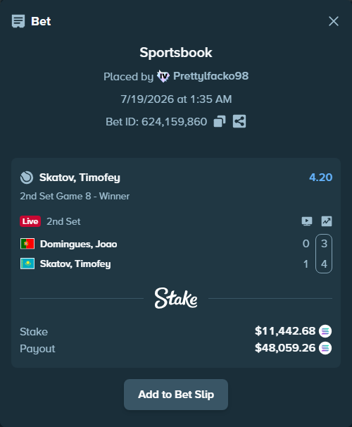 Bet slip: Domingues, Joao - Skatov, Timofey, $11,101.05 stake at 4.20 odds, placed by Prettylfacko98