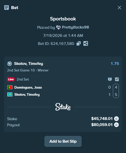 Bet slip: Domingues, Joao - Skatov, Timofey, $44,382.18 stake at 1.75 odds, placed by Prettylfacko98