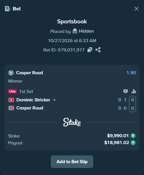 Bet slip: Dominic Stricker - Casper Ruud, $10,000.00 stake at 1.90 odds, placed by Kishnoalmai
