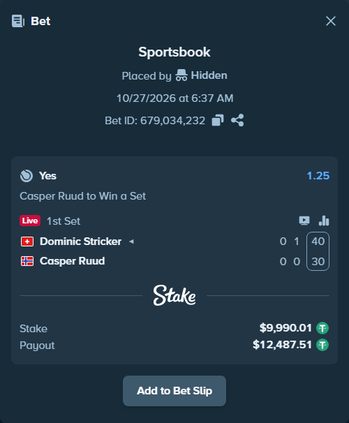 Bet slip: Dominic Stricker - Casper Ruud, $10,000.00 stake at 1.25 odds, placed by Hidden