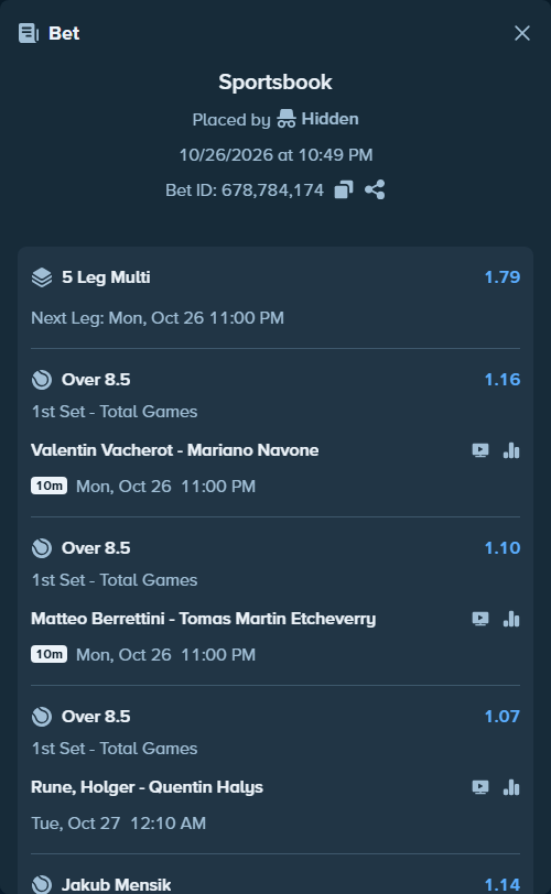 Bet slip: Dominic Stricker - Casper Ruud, $15,651.44 stake at 1.15 odds, placed by hunatimago