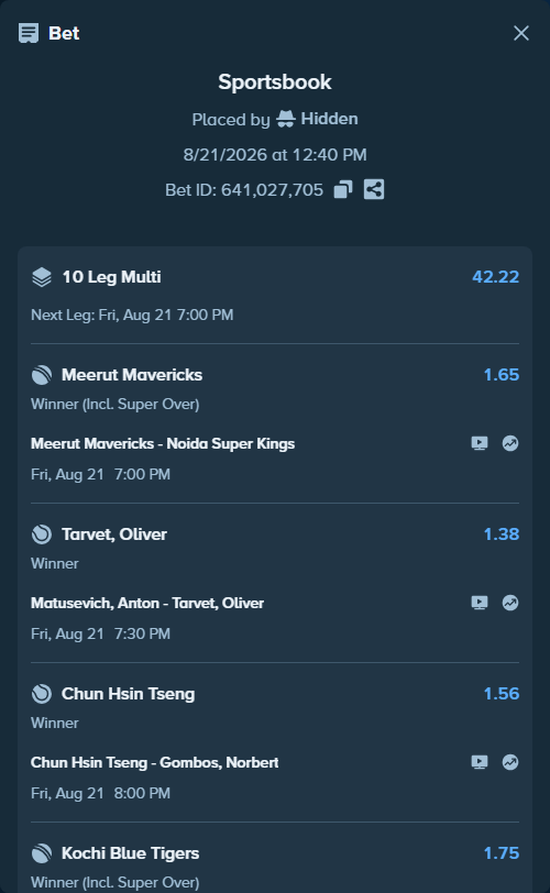 Bet slip: Dominic Stricker - Compagnucci, Tommaso, $12,351.51 stake at 1.25 odds, placed by Hidden